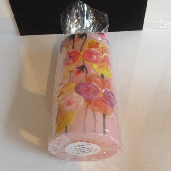 * Pansy's on Pink Pillar Candle, Hand Painted, Helen Radok, Nature, Flowers - Picture 2 of 2